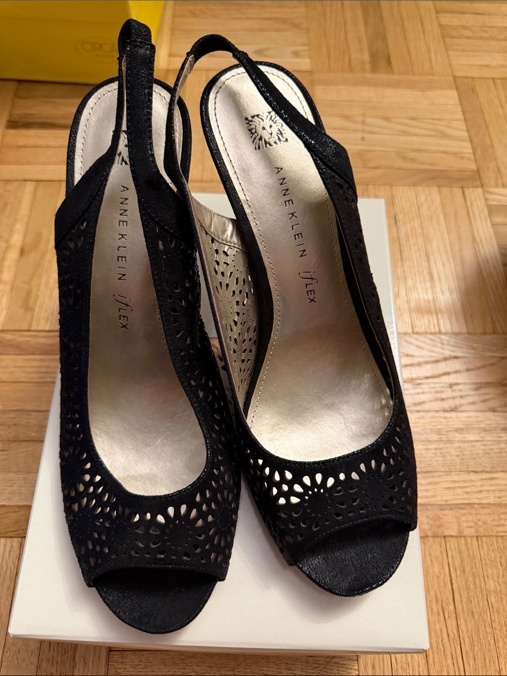 Anne Klein Black Laser-Cut Slingback Peep-Toe Heels